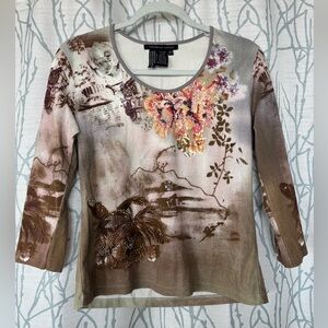 Michelle Nicole Brown & Cream Floral Appliqué Long Sleeve Tee